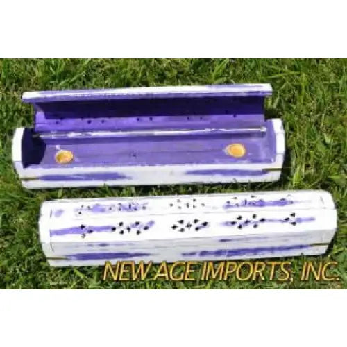 Whitewash & Purple Wood Coffin Incense Burner - 12 long - 